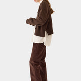 DEMYLEE Vivian Organic Cotton Cardigan Espresso side view showing cropped hem and side slit