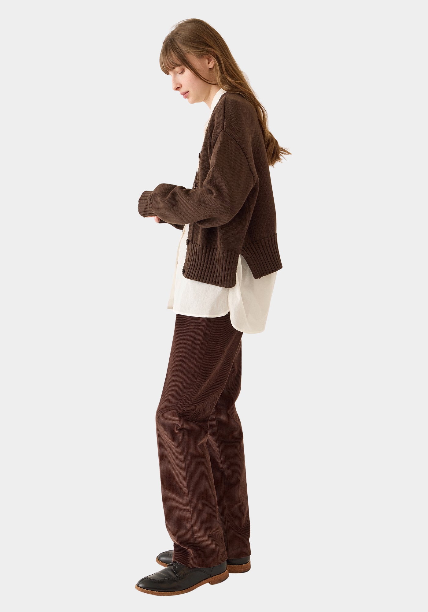 DEMYLEE Vivian Organic Cotton Cardigan Espresso side view showing cropped hem and side slit
