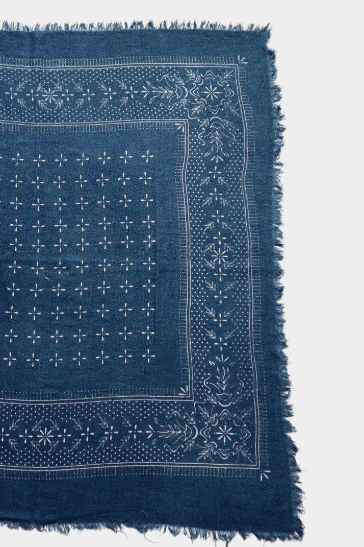 Eco Raw Studio ocean blue raw silk bandana with white print close up of corner pattern and texture