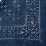 Eco Raw Studio ocean blue raw silk bandana with white print close up of border and frayed edge detail