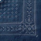 Eco Raw Studio ocean blue raw silk bandana with white print close up of border and frayed edge detail