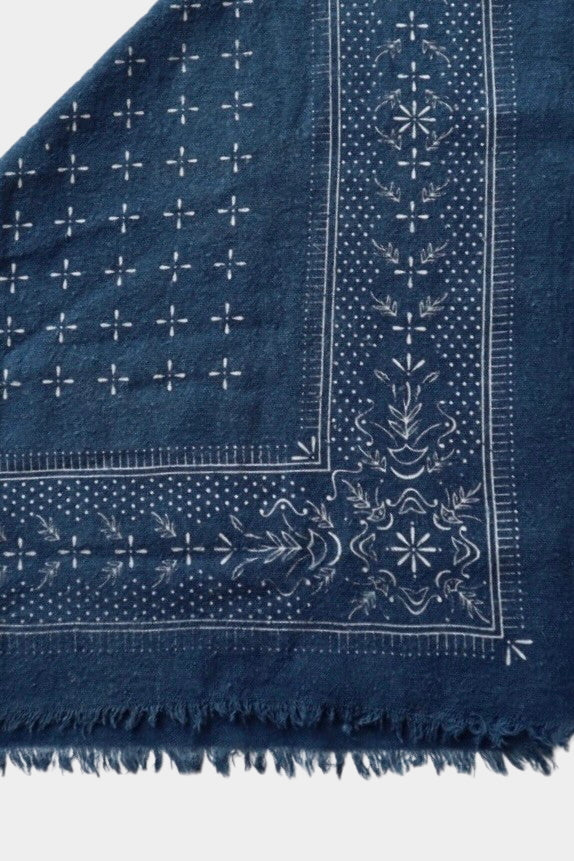 Eco Raw Studio ocean blue raw silk bandana with white print close up of border and frayed edge detail