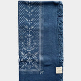 Eco Raw Studio ocean blue raw silk bandana with white print laid flat showing full square shape and border design