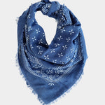 Eco Raw Studio ocean blue raw silk bandana with white print folded showing border pattern and frayed edges