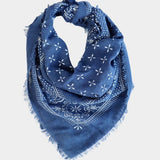 Eco Raw Studio ocean blue raw silk bandana with white print folded showing border pattern and frayed edges