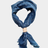 Eco Raw Studio ocean blue raw silk bandana with white print styled knotted on mannequin with frayed edges