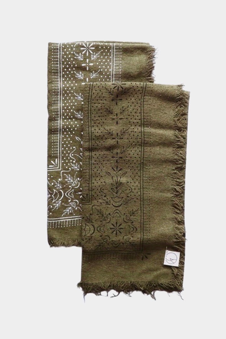 Eco Raw Studio - Raw Silk Bandana - Olive Green x Black Ink - Bandanas - YUCCA, artistic accessories, boutique near me.