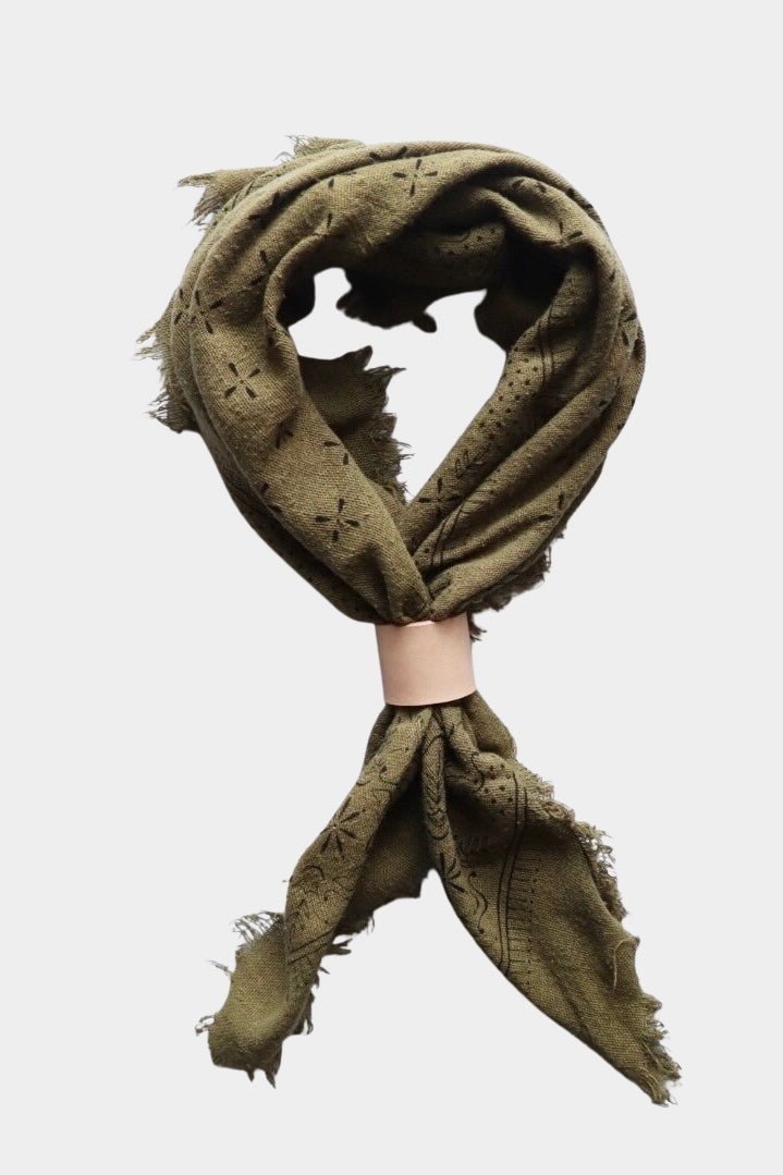 Eco Raw Studio - Raw Silk Bandana - Olive Green x Black Ink - Bandanas - YUCCA, artistic accessories, boutique near me.