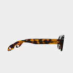 Side profile of Elisa Johnson Jane Mini sunglasses in brown tortoise acetate with thick temples and tinted mint lenses