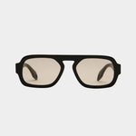 Elisa Johnson Jane Mini sunglasses in gloss black with oversized aviator silhouette and light brown lenses