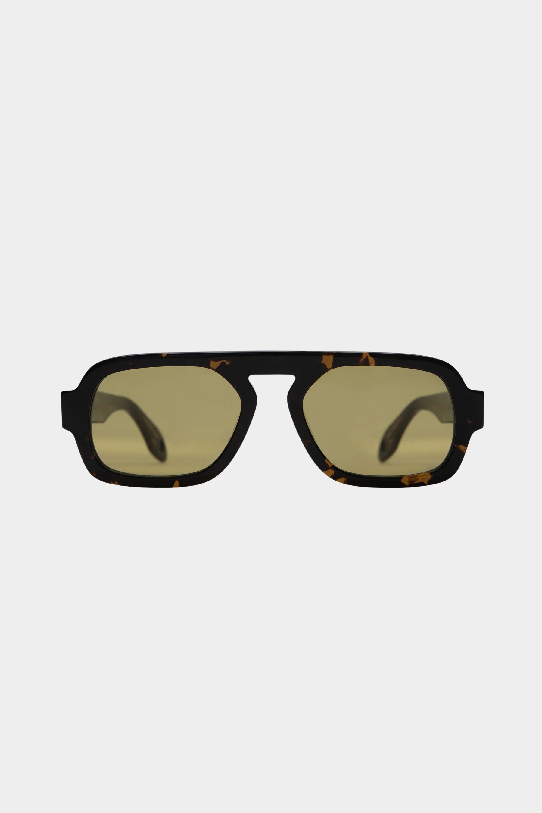 Front view of Elisa Johnson Jane Mini aviator sunglasses in dark brown tortoise with olive green lenses.