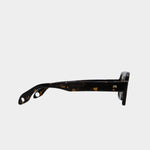 Side view of Elisa Johnson Jane Mini sunglasses in dark brown tortoise with gold temple logo at YUCCA Denver.