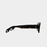 Side view of Elisa Johnson Jane Mini sunglasses in dark brown tortoise with gold temple logo at YUCCA Denver.