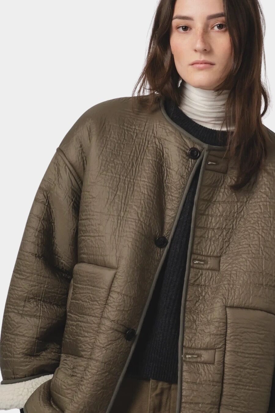 Girls Of Dust | Solar Reversible Jacket - Fossil/Off White - YUCCA Jacket & Coats, women’s clothing website.