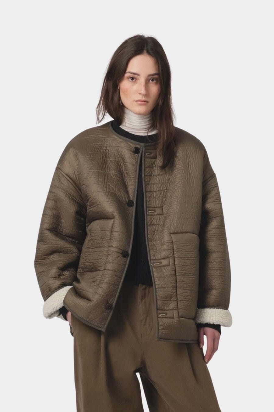 Girls Of Dust | Solar Reversible Jacket - Fossil/Off White - YUCCA Jacket & Coats, women’s clothing website.