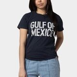 Model wearing the Jungmaven Gulf of Mexico Lorel Tee in Navy with a relaxed fit and open neckline