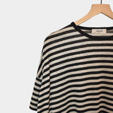 Short Sleeve Knit Linen Pullover, Black Stripe