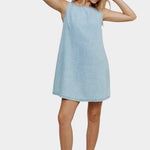 Jungmaven Baez Summer Denim Dress Light front angled view model wearing light wash denim mini dress