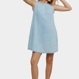Jungmaven Baez Summer Denim Dress Light front angled view model wearing light wash denim mini dress