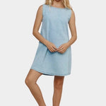 Jungmaven Baez Summer Denim Dress Light front view model wearing hemp cotton mini dress