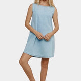 Jungmaven Baez Summer Denim Dress Light front view model wearing hemp cotton mini dress