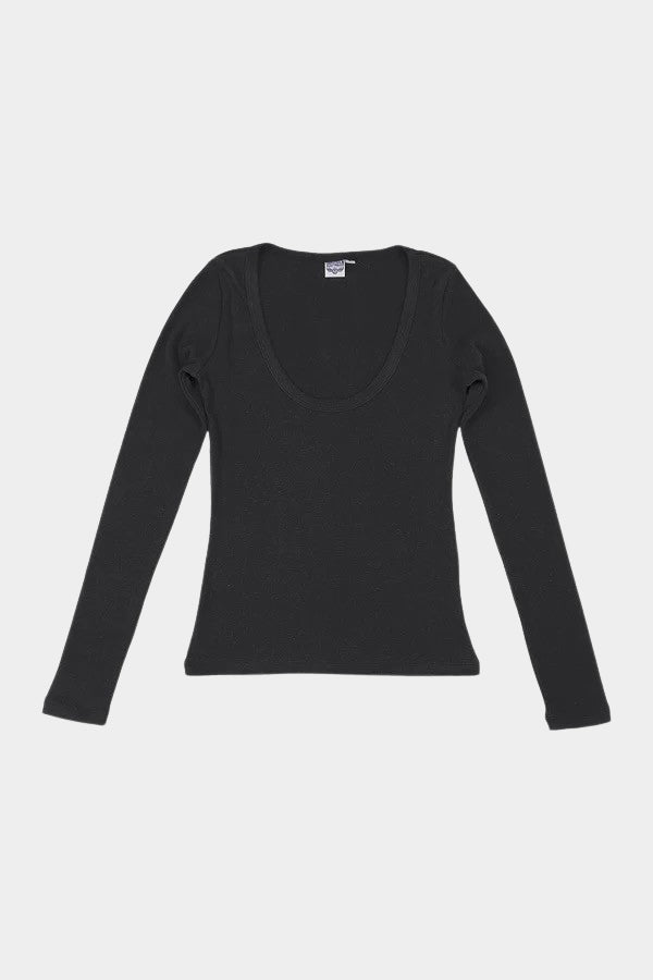 Jungmaven Paseo Long Sleeve Tee in Black, front product view on white at YUCCA Denver