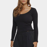 Woman wearing Jungmaven Paseo Long Sleeve Tee in Black, scoop neckline detail