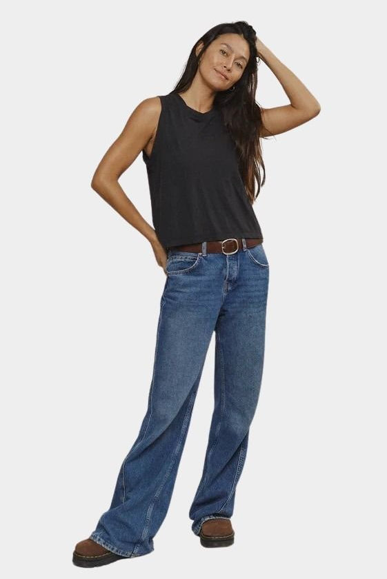 Front model view black hemp cotton muscle tank relaxed fit