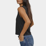 Side view black boxy sleeveless muscle tee with wide armholes