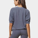 Jungmaven Short Sleeve Raglan Fleece Sweatshirt Diesel Gray relaxed unisex fit hemp fleece crewneck back view Made in USA