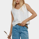 Jungmaven light hemp vest close up boxy fit sleeveless button front top