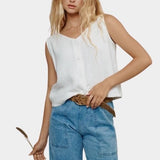 Jungmaven light hemp vest close up boxy fit sleeveless button front top