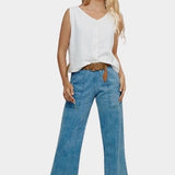 Jungmaven 100% hemp vest light styled with denim wide leg pants front view