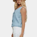 Jungmaven light denim vest side profile cropped sleeveless top