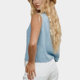 Jungmaven light denim vest back view sleeveless boxy fit