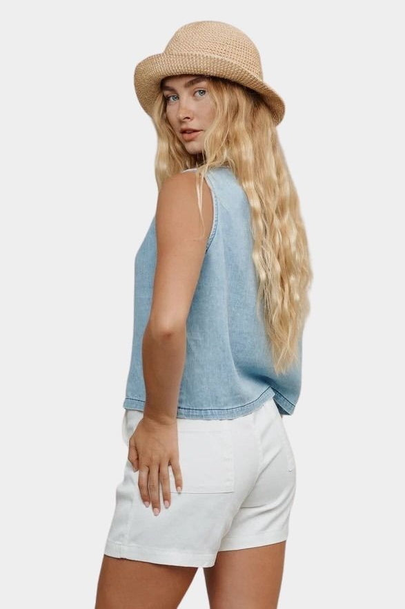 Jungmaven light denim vest back view sleeveless boxy fit