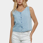 Jungmaven light denim sleeveless vest styled with white shorts front view