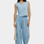 Jungmaven Teton Summer Denim Tank Light full outfit front view styled with matching hemp denim pants
