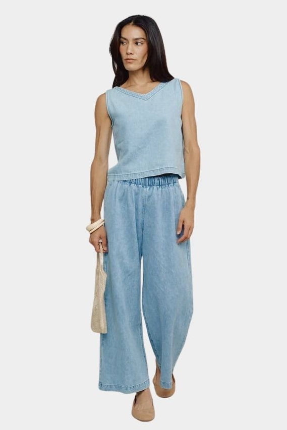Jungmaven Teton Summer Denim Tank Light full outfit front view styled with matching hemp denim pants