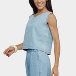 Jungmaven Teton Summer Denim Tank Light front angled view model wearing hemp denim boxy tank