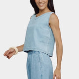 Jungmaven Teton Summer Denim Tank Light front angled view model wearing hemp denim boxy tank