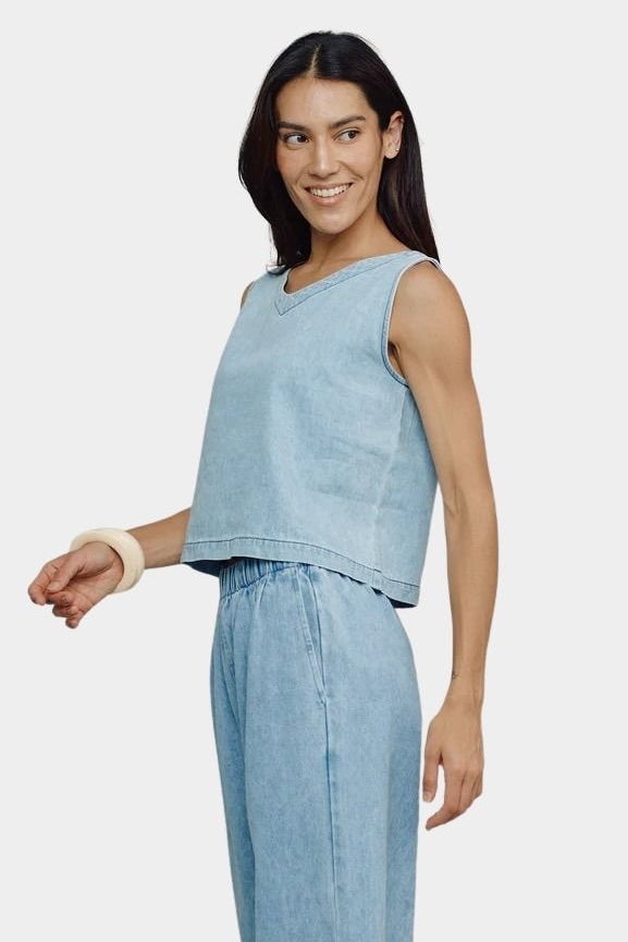 Jungmaven Teton Summer Denim Tank Light front angled view model wearing hemp denim boxy tank