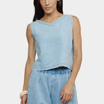 Jungmaven Teton Summer Denim Tank Light front close view model wearing V neck hemp denim tank