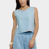 Jungmaven Teton Summer Denim Tank Light front close view model wearing V neck hemp denim tank
