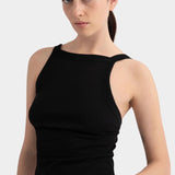 Kowtow Low Back Tank in black, close front view showing high neckline and fitted silhouette