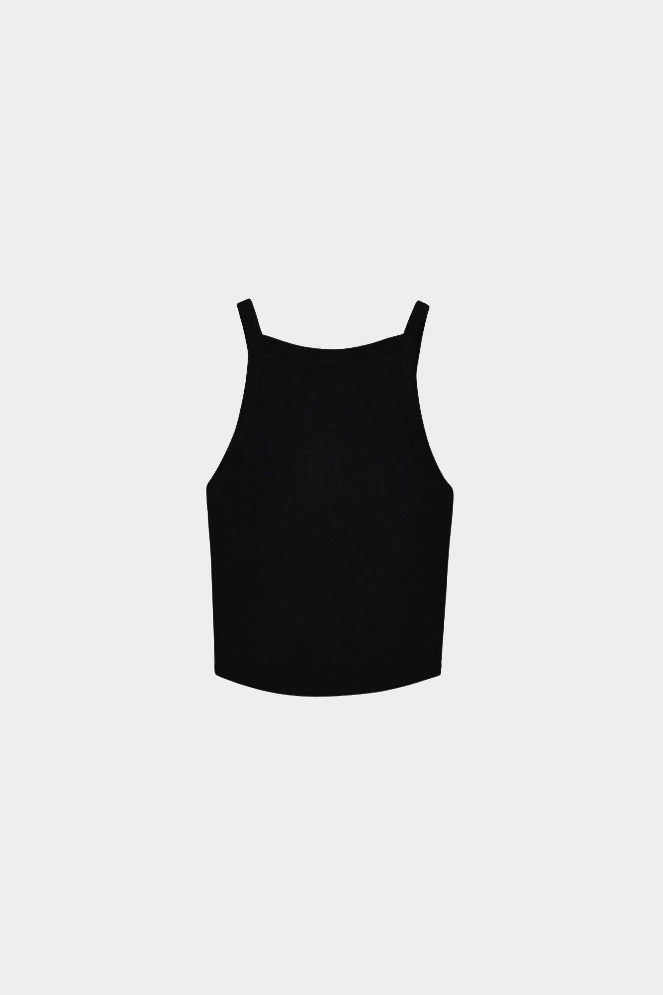Kowtow Low Back Tank in black, flat lay front view