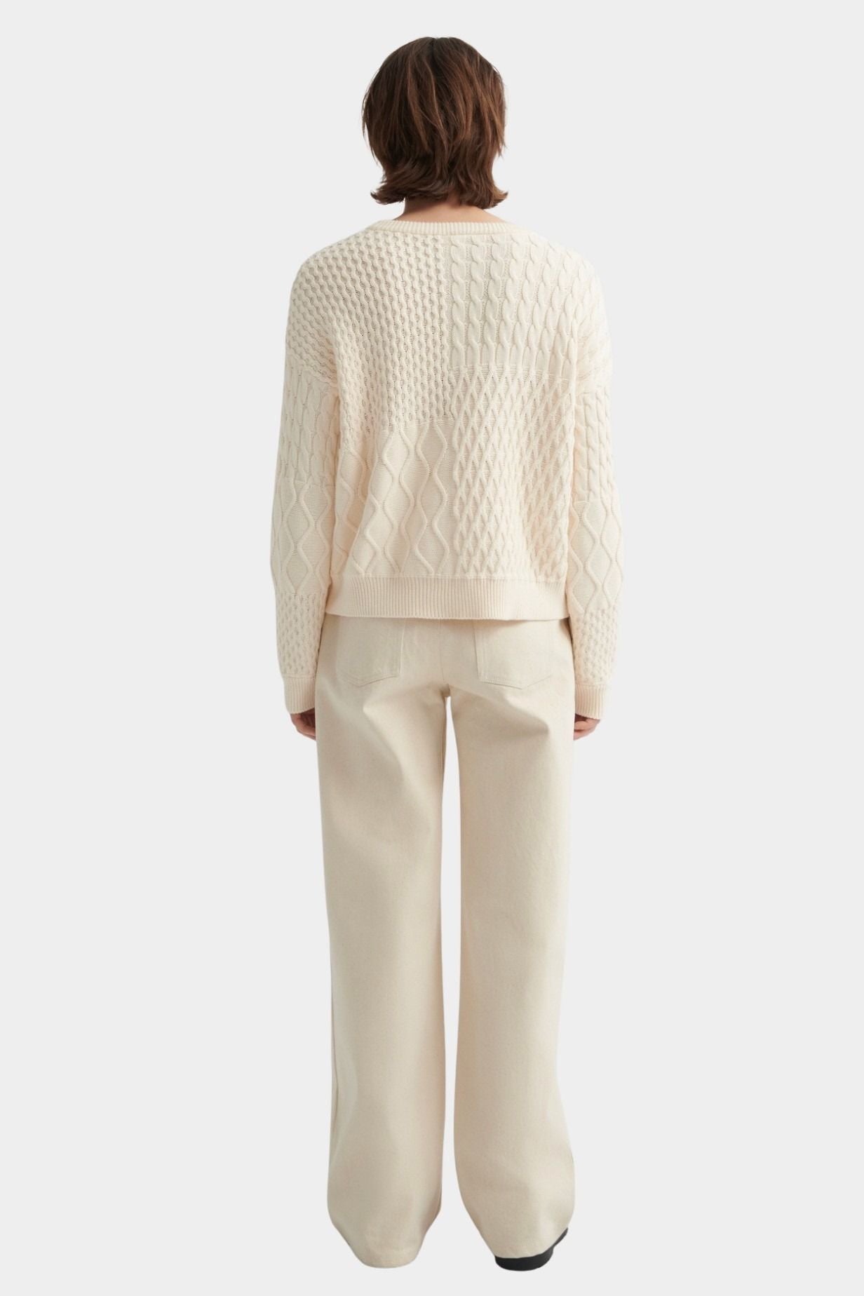 Kowtow patchwork jumper chalk back view mixed cable knit texture