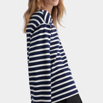 kowtow pierre tee uniform stripe organic cotton striped long sleeve tee side view relaxed fit