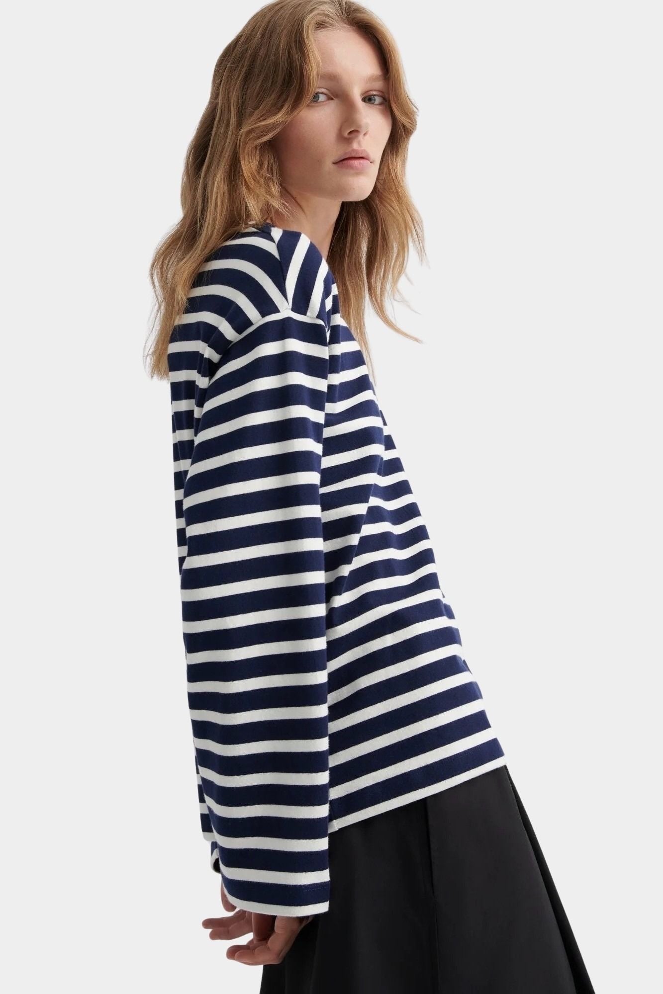 kowtow pierre tee uniform stripe organic cotton striped long sleeve tee side view relaxed fit