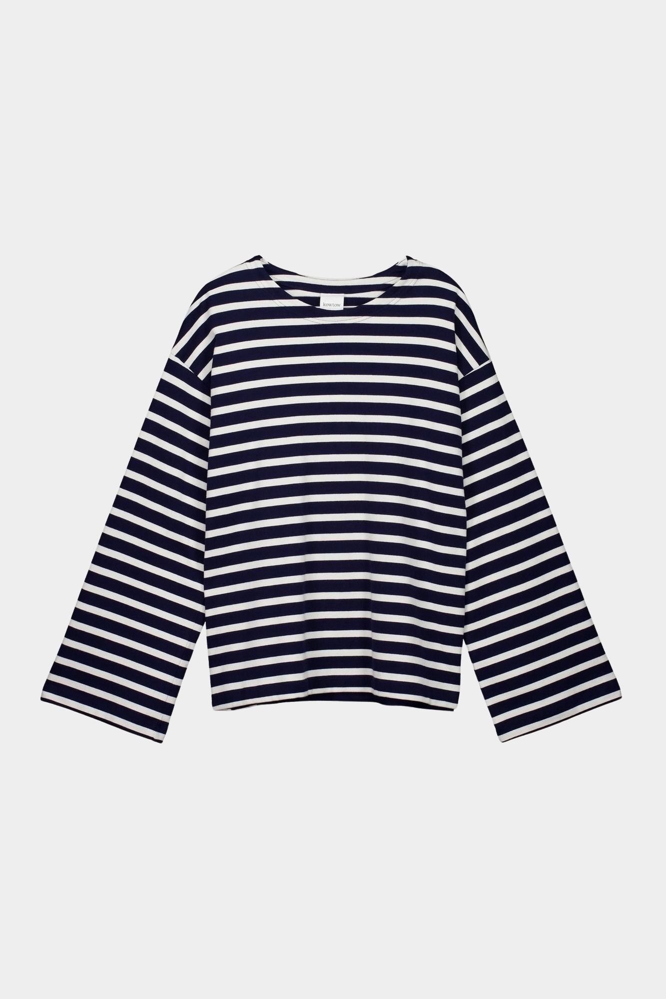 kowtow pierre tee uniform stripe organic cotton navy ivory striped long sleeve tee product flat front